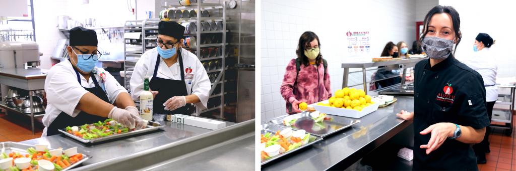 Two photos. On the left: two kitchen staff at Lively Middle School prepare vegetables for lunch. On the right: Diane stands on the kitchen-side of the lunch line next to fruits and vegetables available to students.