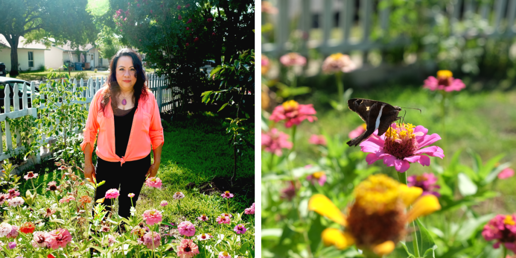 On the left, Frances stands amongst bright colored flower. On the right, a close up of a butterfly landed on one of those flowers.
