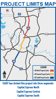Project limits map for the I-35 Capital Express Projects