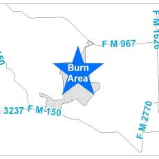 Map: Smoke may be visible northeast of RR 3237, north of FM 150, south of FM 967 and west of FM 1626 and FM 2770 from 10 a.m. to sunset.