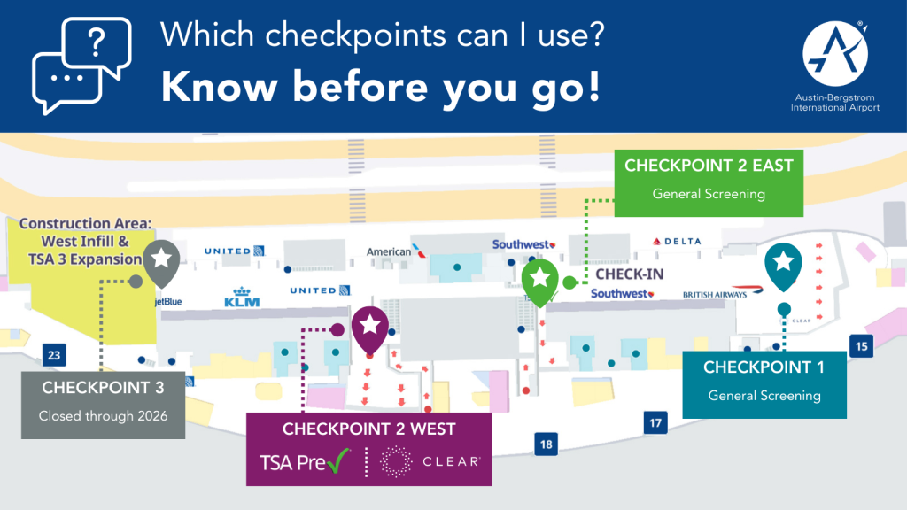 Airport map graphic that shows the location of the 3 TSA checkpoints and the services offered at each. 