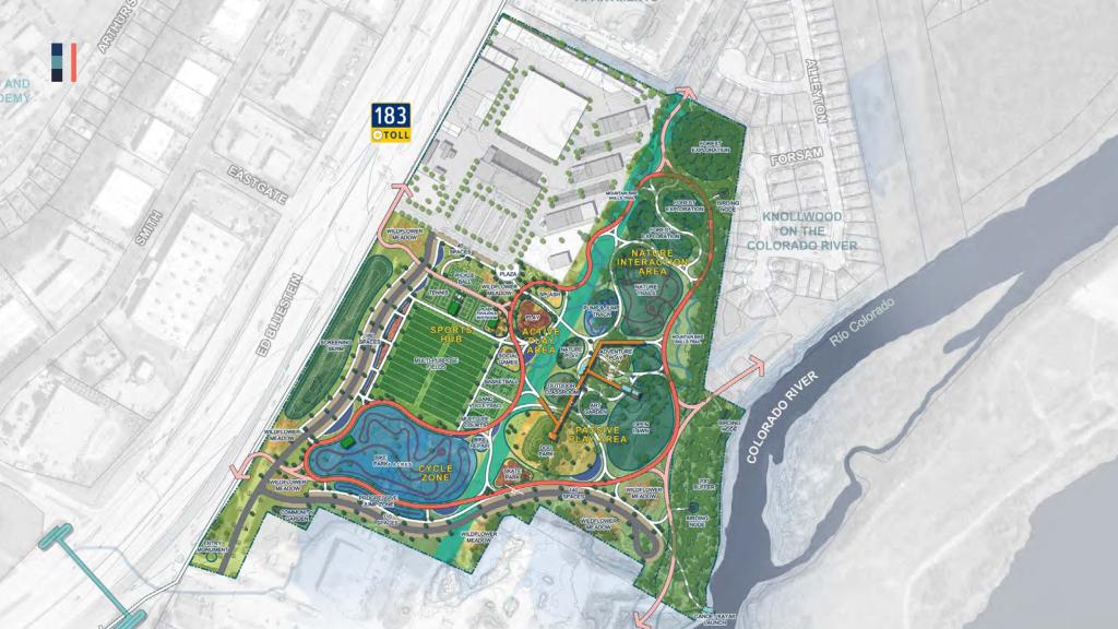 Drawing of Bolm Park map with proposed additional elements such as Nature Interaction Area, Cycle Zone, Passive Play Area, trails, parking, restrooms, connections with other areas