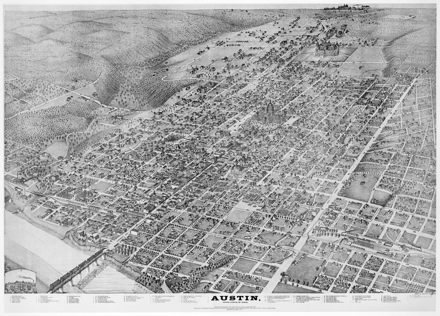A birds-eye view illustration of Downtown Austin and surrounding areas in 1873.