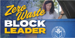 Zero Waste Block Leader lifts the lid of a blue recycling cart.