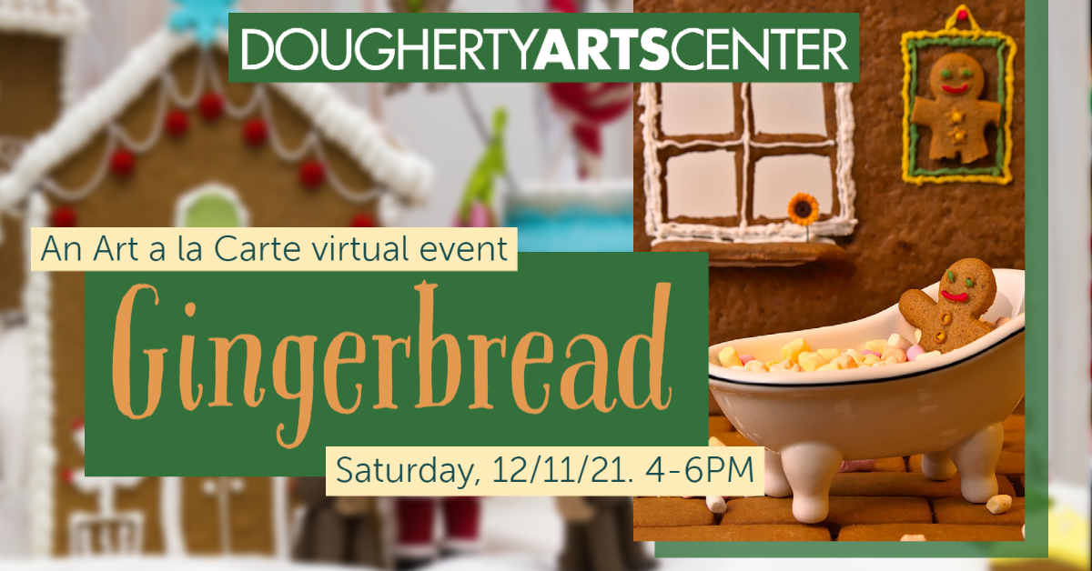 Art Ala Carte: Ginderbread building virtual event.  Image of Gingerbread houses.