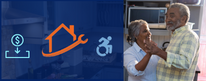 Image of Older Couple in Kitchen with icons for home repair, savings and accessibility.