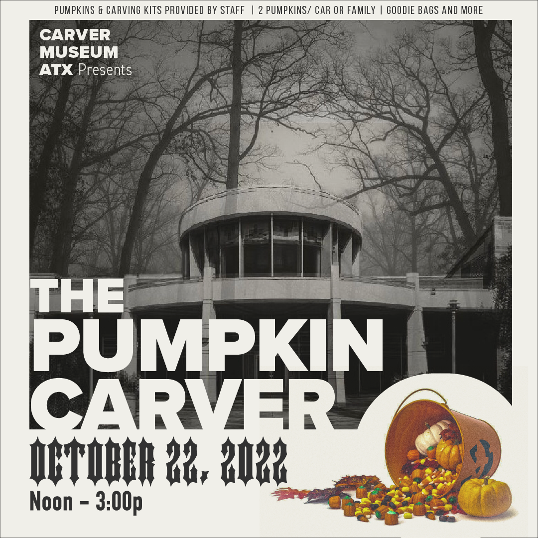 Black and white image of the Carver Museum with spooky trees and a candy bucket in the right bottom corner with details about pumpkin carving event