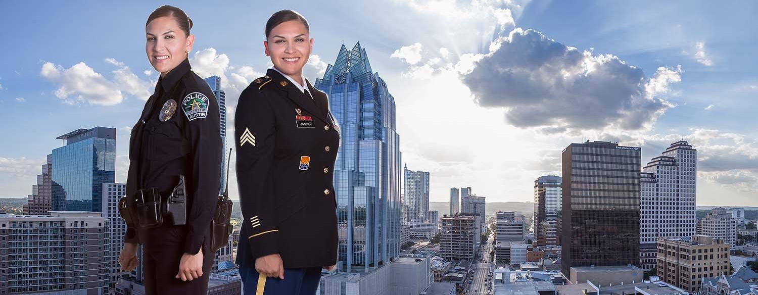 Female in police officer and military uniform side by side