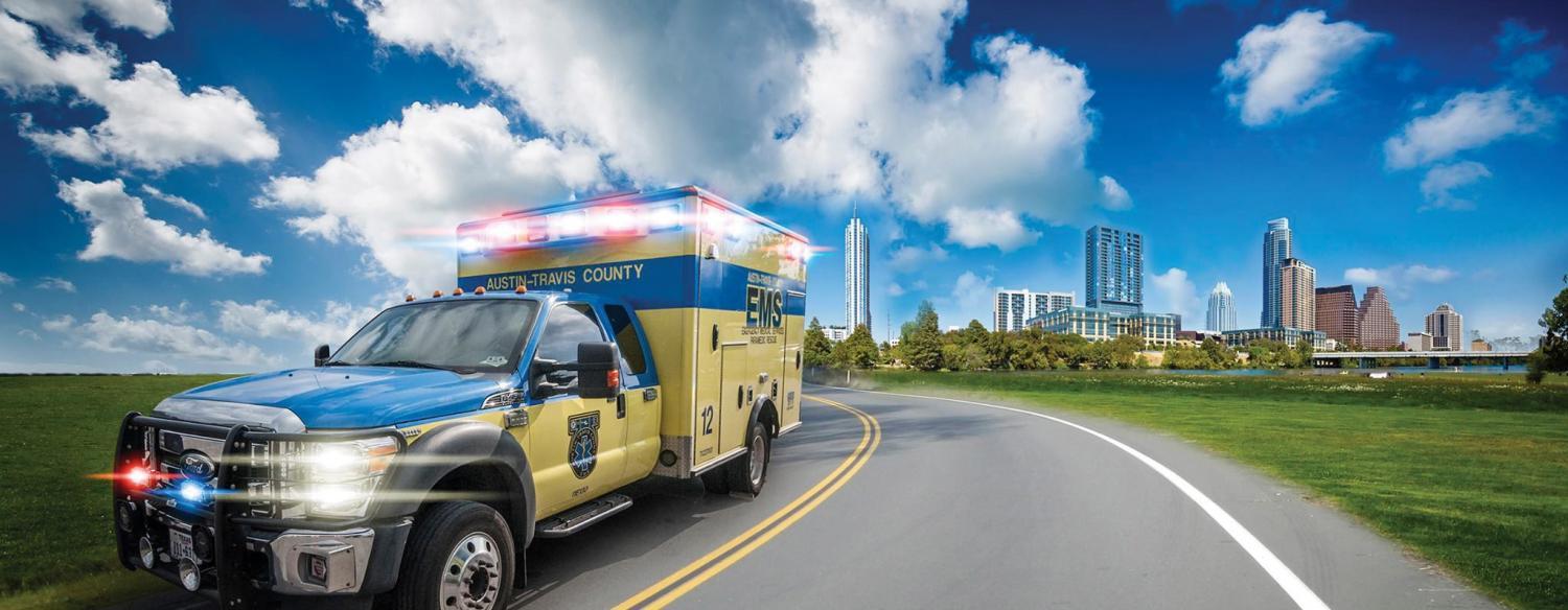 stylized ambulance Austin skyline