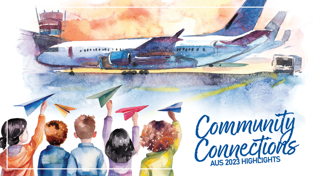 Community Connections watercolor image of an airplane
