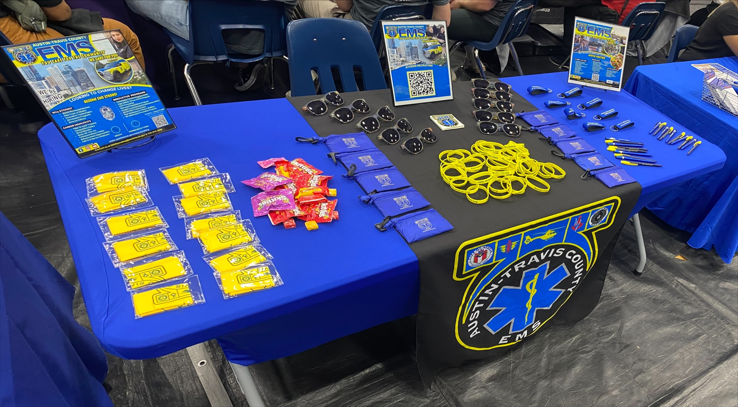 Recruiting table at a career fair.