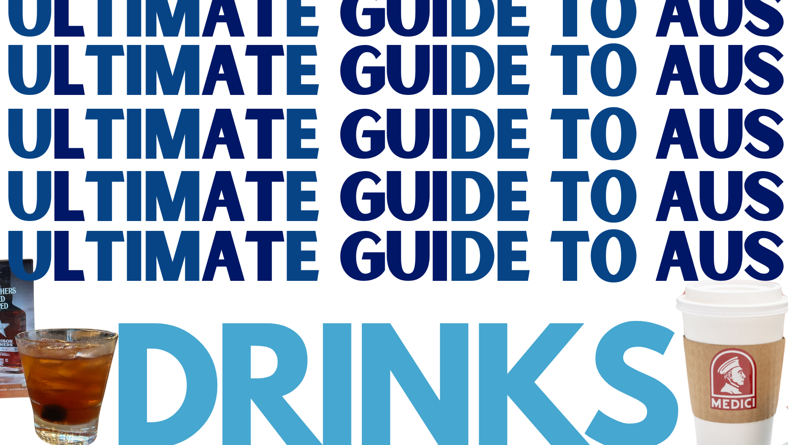 Text reads: Ultimate guide to aus - drinks. Photos of a Medici coffee and cocktail are at the bottom.
