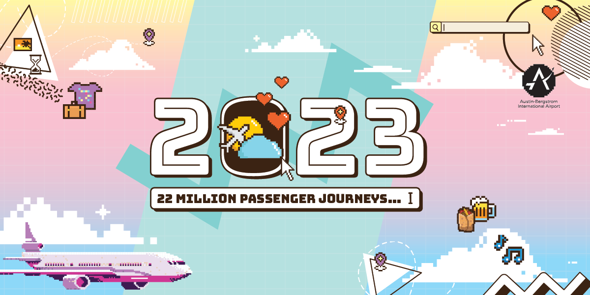 Graphic with aviation elements on it including an airplane; similar to a video game in the 1990s. Text reads: 2023. 22 million passenger journeys...