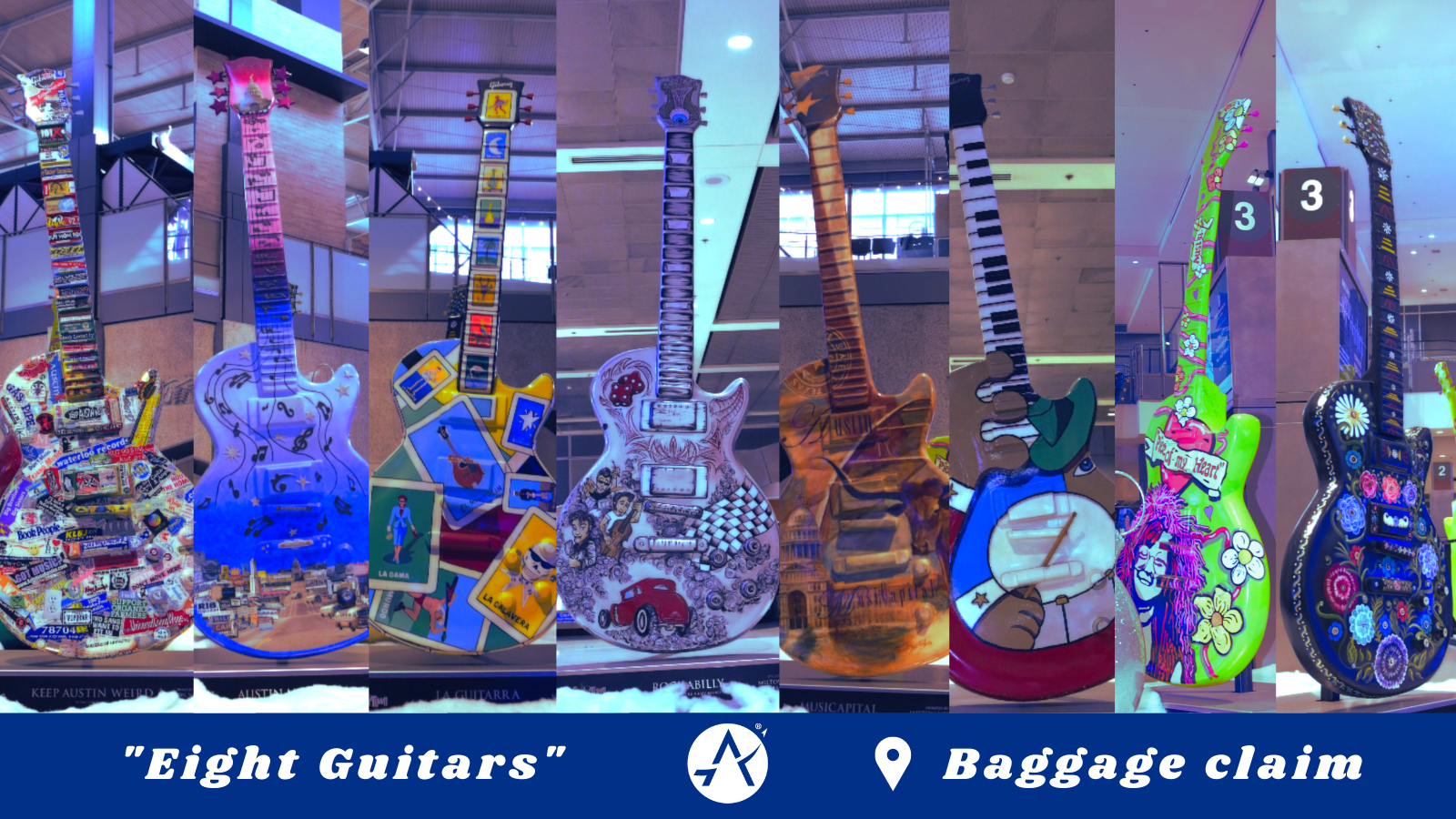 Collage of all 8 guitars from AUS. Text at the bottom reads: Eight Guitar - Baggage claim
