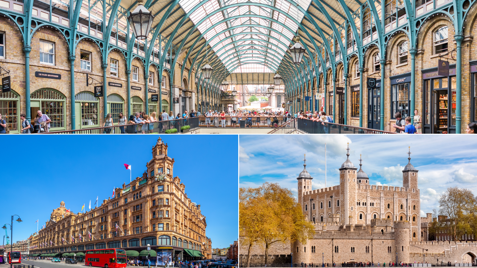 From top to bottom: Inside a building with an arch-like roof. A bunch of storefronts align the building, and people are everywhere. To the bottom right a castle-like building with a cloudy sky, and yellow trees. To the bottom left a building with a bunch of flags hanging from it. A red bus and cars are on the street with a blue sky.