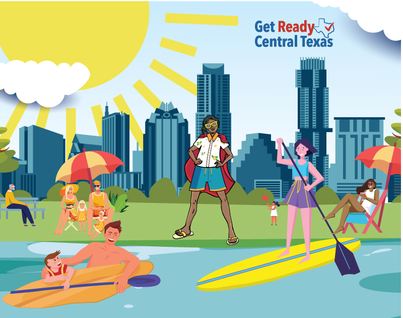 Scene of group of people paddle boarding on a warm summer Day with the city in the back ground.