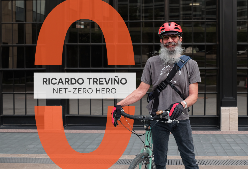 Ricardo poses with his bike. Text reads "Ricardo Treviño Net-Zero Hero"