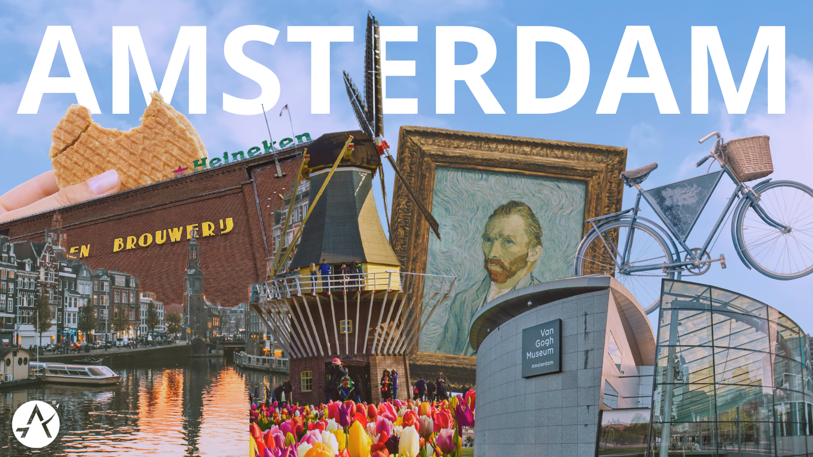 Graphic depicting various places, food, and activities around Amsterdam. From left to right, stroopwafels, the Heineken Brewery, the Canal Belt, tulips around a windmill, a painting by Van Gogh, the Van Gogh Museum, and a street bike.