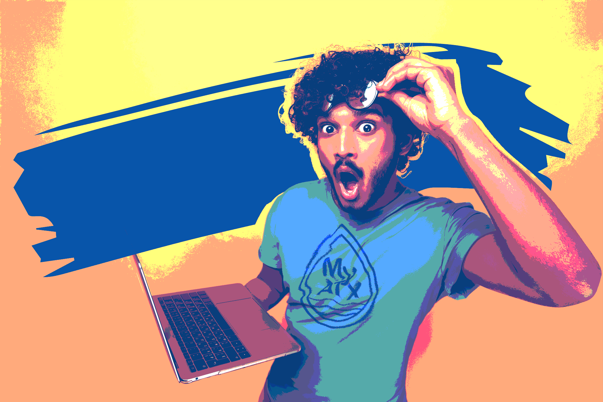 Man raising glasses looking at laptop