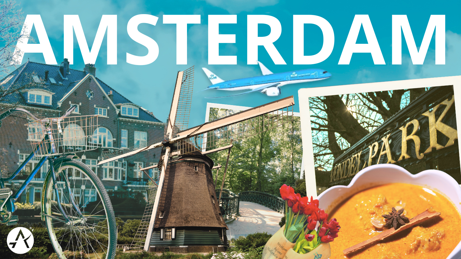 Graphic depicting various locations, items, and food related to Amsterdam. The top of the graphic says "Amsterdam". From left to right: a house located in Vondelpark, bicycle, windmill, a walkway at Vondelpark, tulips, massaman chicken curry, DLM Dreamliner plane, sign outside of Vondelpark.
