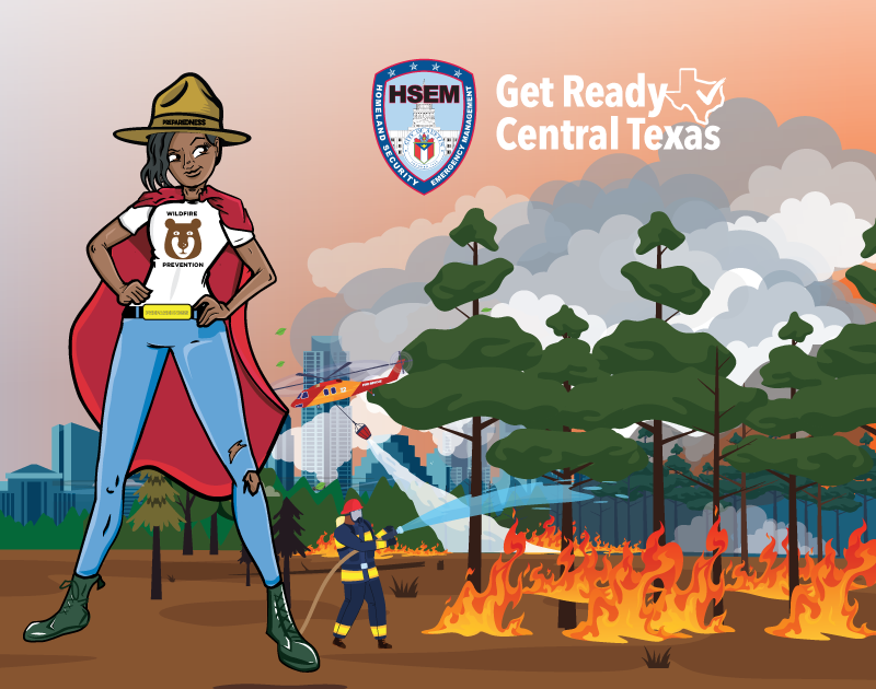 Superhero standing in front of a forest that is on fire, firefighters trying to put it out. 