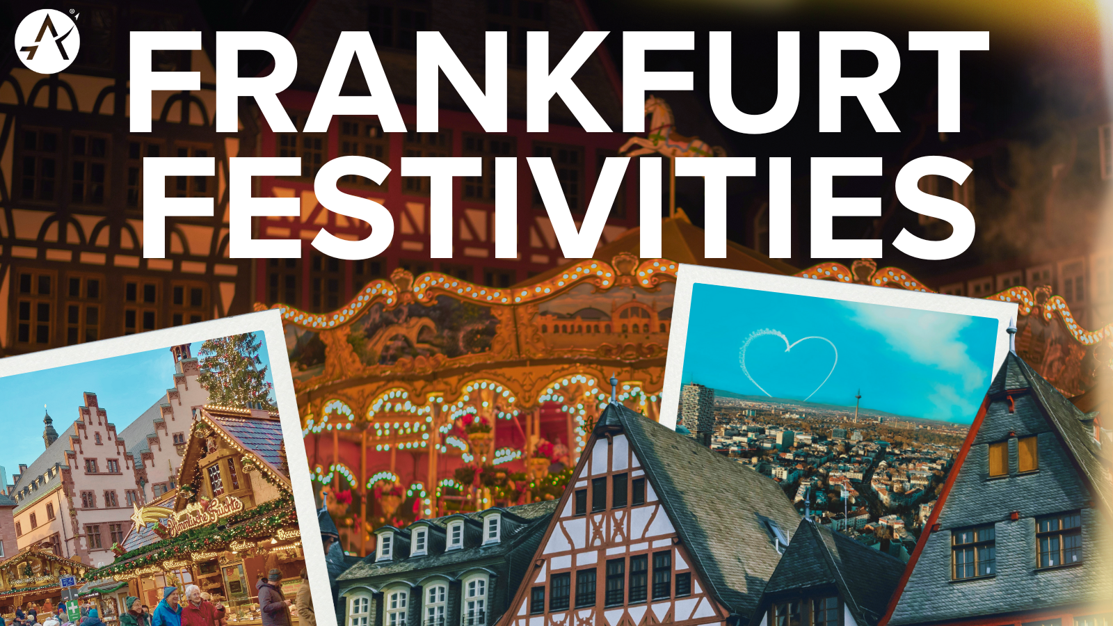 Graphic depicting various locations around Frankfurt, Germany. Heading says "Frankfurt Festivities" with the AUS logo on the top left corner.