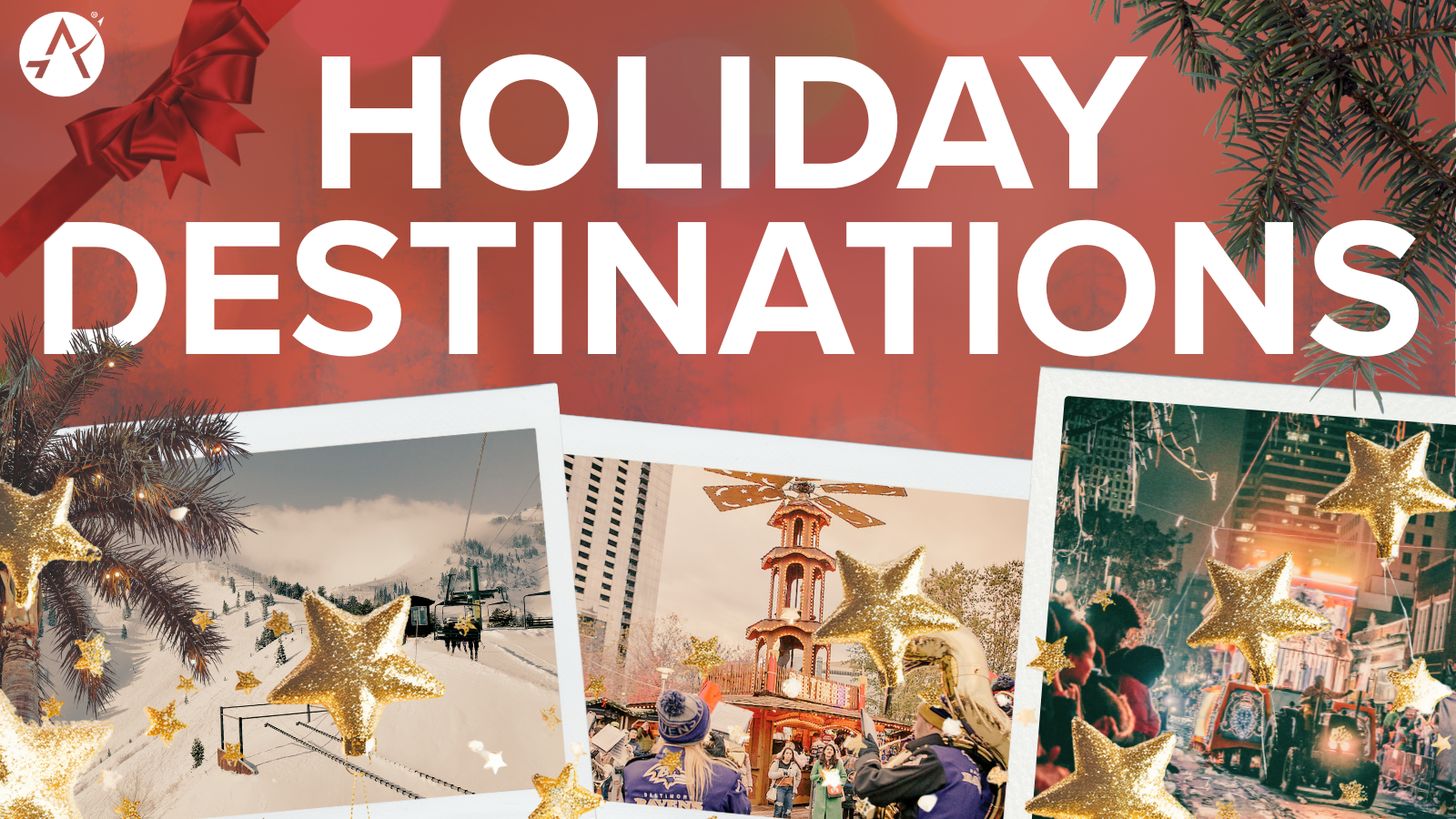 Graphic with heading "Holiday Destinations". Below are images of celebrations in Utah, Maryland, and Louisiana.