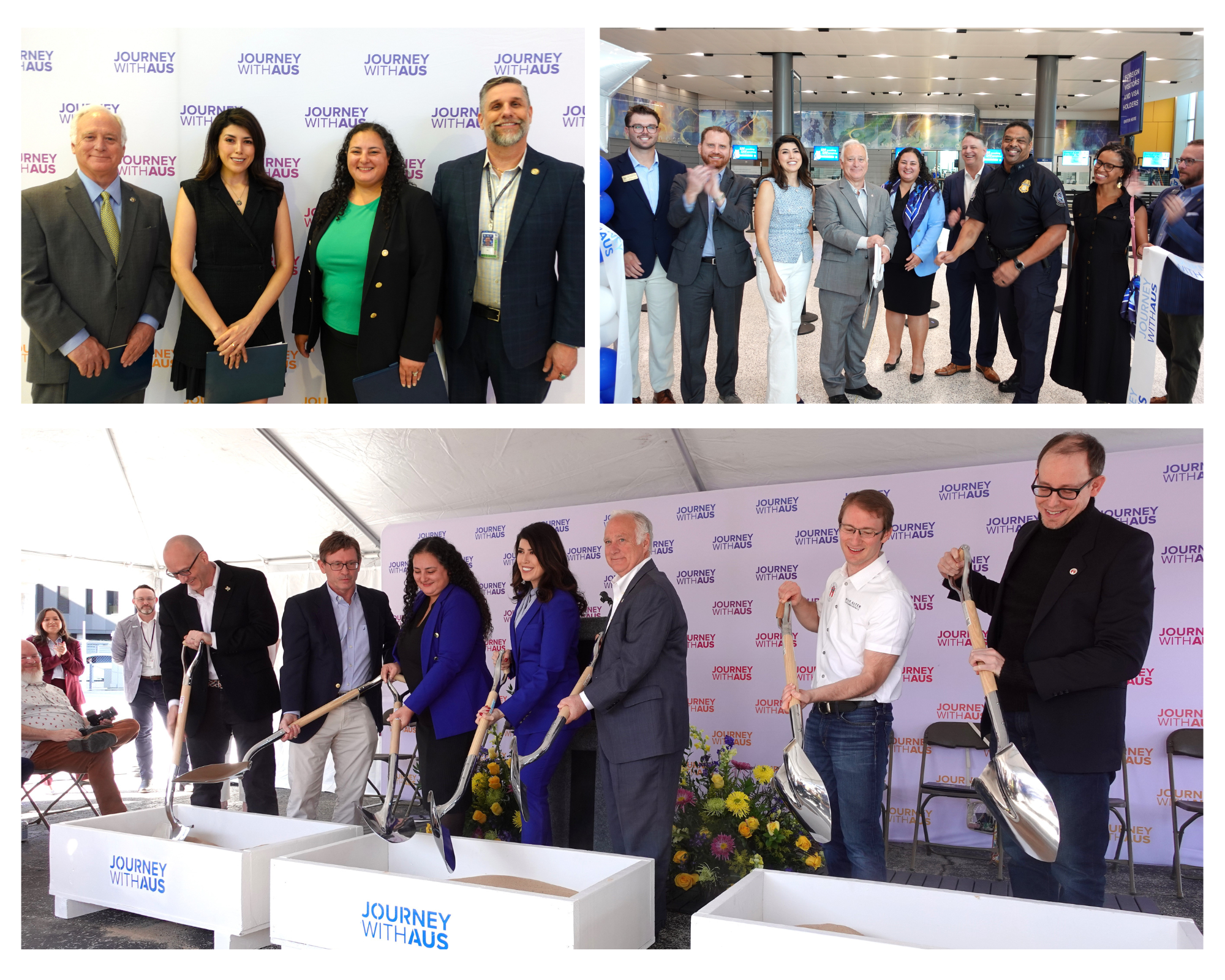 Collage of three photos from Journey With AUS events at Austin-Bergstrom International Airport. Images show airport leaders, city officials, and partners posing for photos, participating in a ribbon-cutting inside the terminal, and taking part in a ceremonial groundbreaking with shovels at a Journey With AUS construction milestone event.