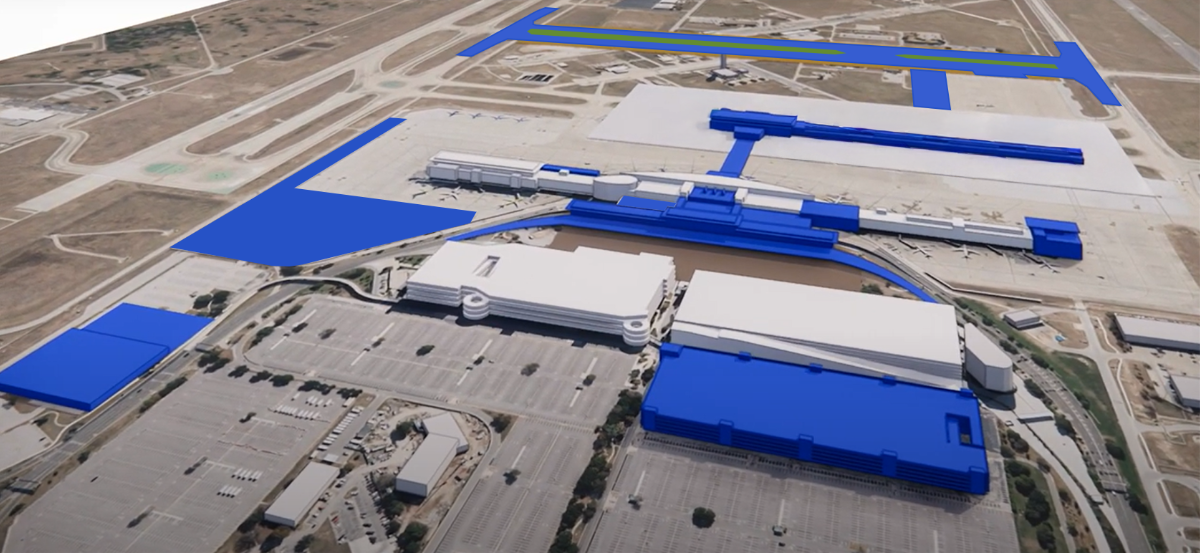 A high-level rendering shows the approximate footprint of the Journey With AUS expansion program, inclusive of near-term improvements currently under construction, enabling projects and the two hallmark projects of the program: the new Concourse B and new Arrivals & Departures Hall. A high-level rendering shows the approximate footprint of the Journey With AUS expansion program, inclusive of near-term improvements currently under construction, enabling projects and the two hallmark projects of the program: the new Concourse B and new Arrivals & Departures Hall.