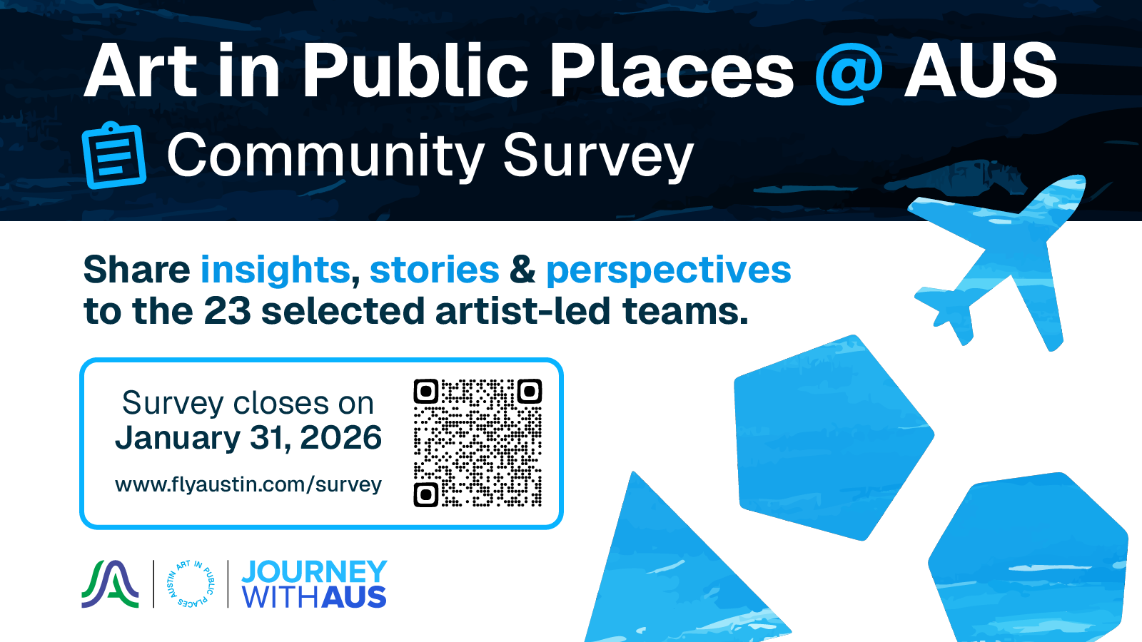 Graphic with a QR code leading to a City of Austin Art in Public Places Survey.