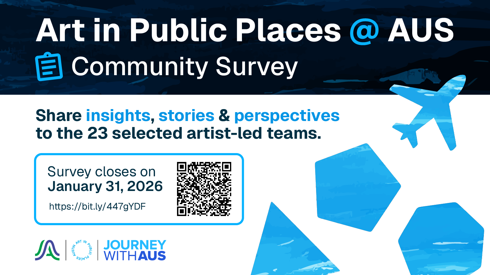 Graphic for Art in Public Places at AUS Community Survey with blue geometrical elements and a link and QR code to the survey