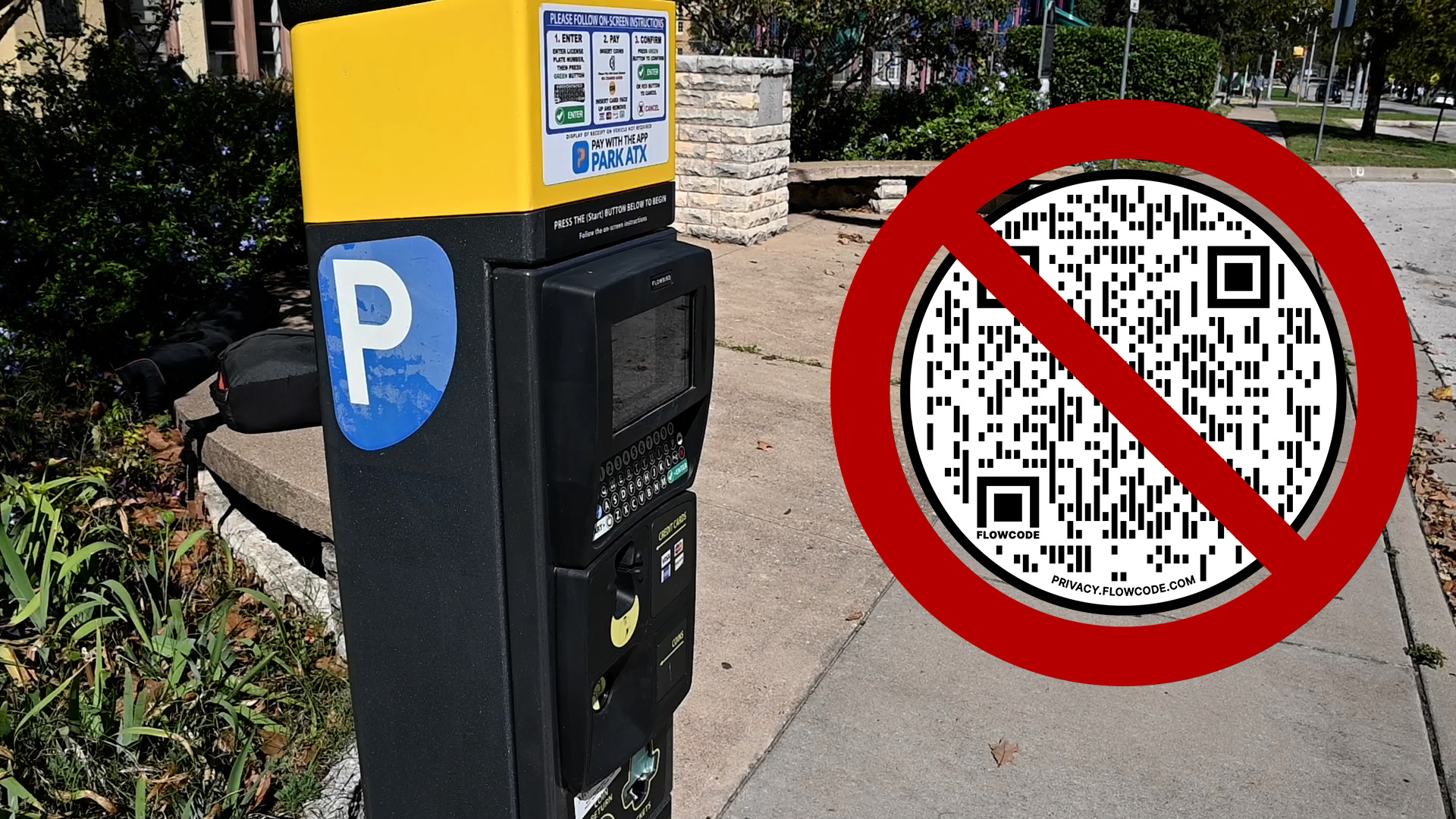 A pay station shown alongside an example of a QR code