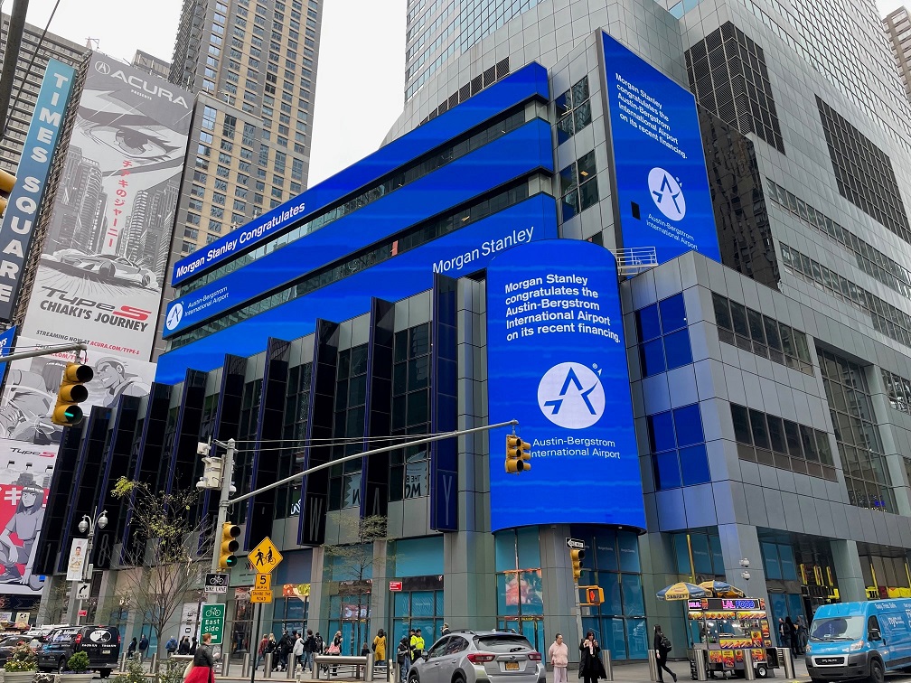 The Morgan Stanley Times Square ticker congratulates AUS on its Airport System Revenue Bond sale on April 25