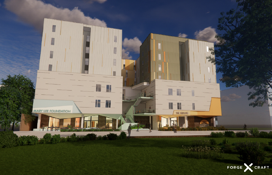 Image is a rendering of a multifamily building with three towers and multiple floors. The exterior is beige and green with orange and blue highlights.