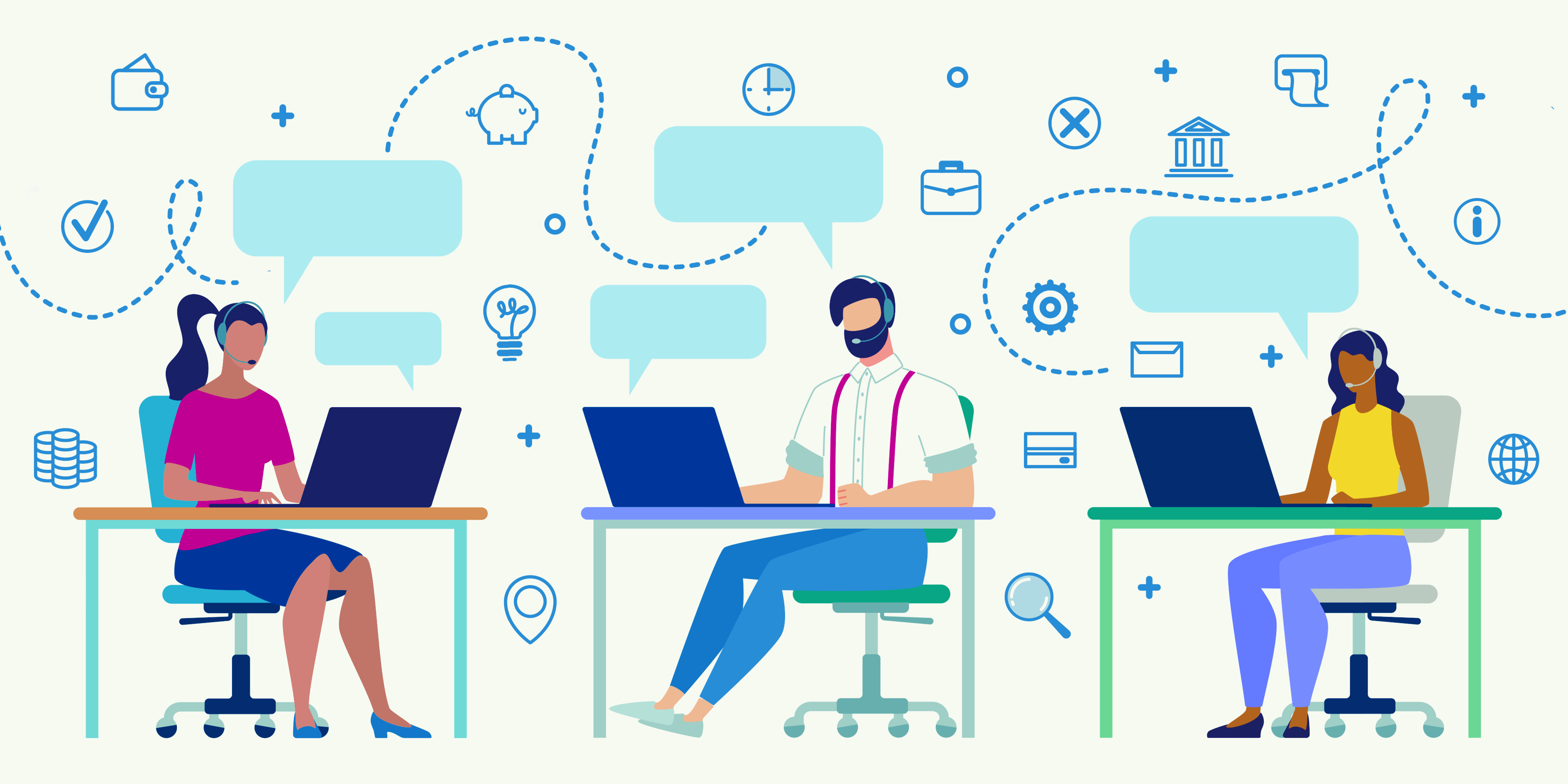 Community Navigator Program Illustration of 3 people providing assistance via computer and phone call headsets with chat bubbles above their heads