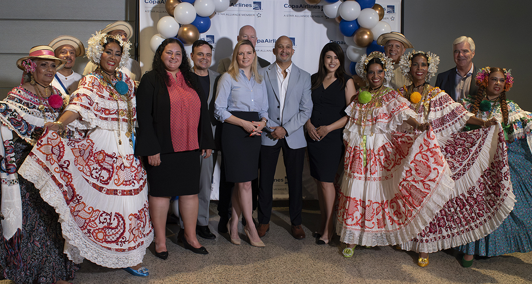 Photo of special guests at the Copa Airlines AUS inaugural flight celebration. From left to right: Doug Driskill, Chamber Air Service Task Force Chair, David DeFossey, Head of Commercial Sales - North America for Copa Airlines, Ghizlane Badawi, AUS Chief Experience & Performance Officer, Vanessa Fuentes, Austin Councilwoman of District 2, Marco Ocando, Sr Director Marketing, Corporate Communications & Loyalty at Copa Airlines, Austin Mayor Pro Tem Paige Ellis, and Tom Noonan, CEO of Visit Austin.