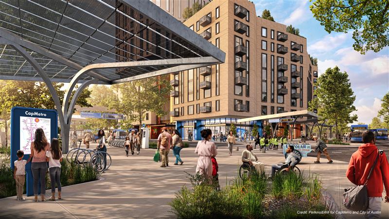 Artist's rendering of potential development at North Lamar Transit Center. In the foreground is a bus shelter along a sidewalk filled with pedestrians walking to and from a mixed-use building in the background.