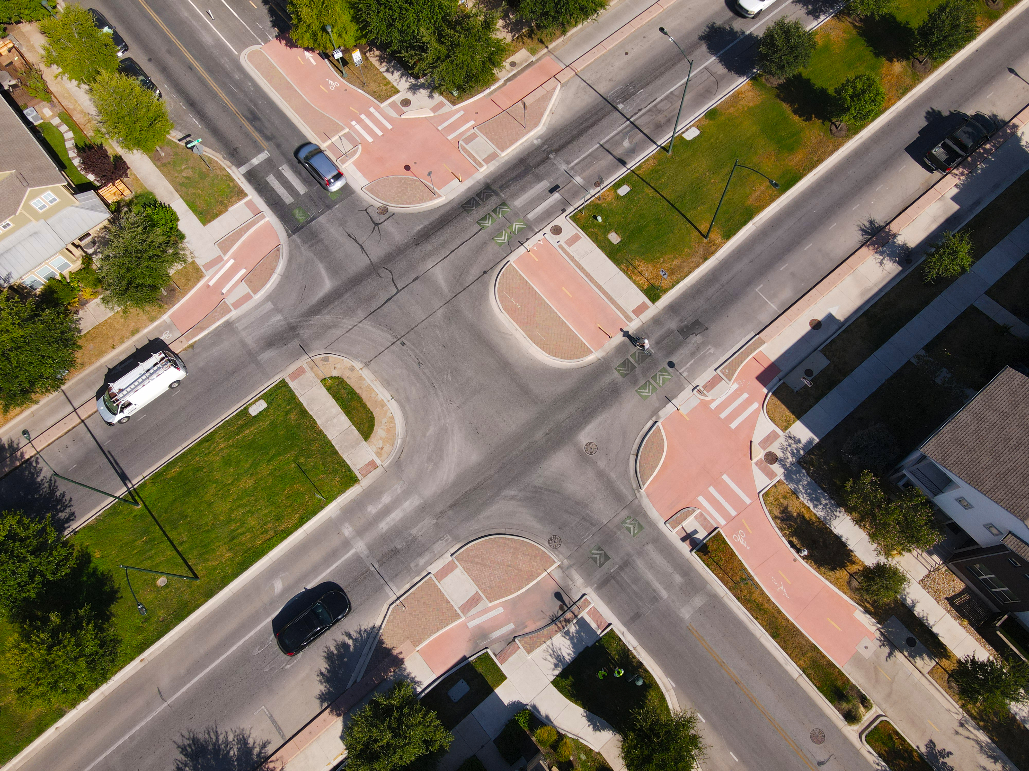 Aerial view of intersection improvements made at Berkman Drive and Zach Scott Street.