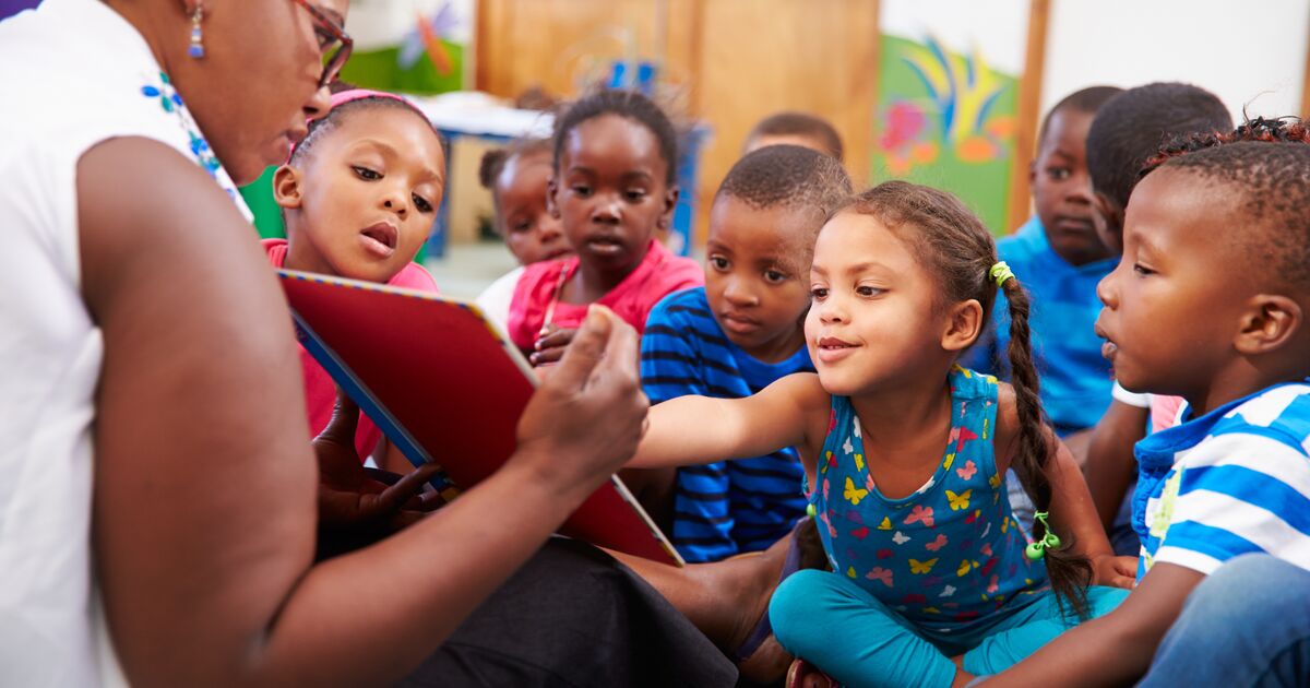 Teacher reading a book with a class of preschool children