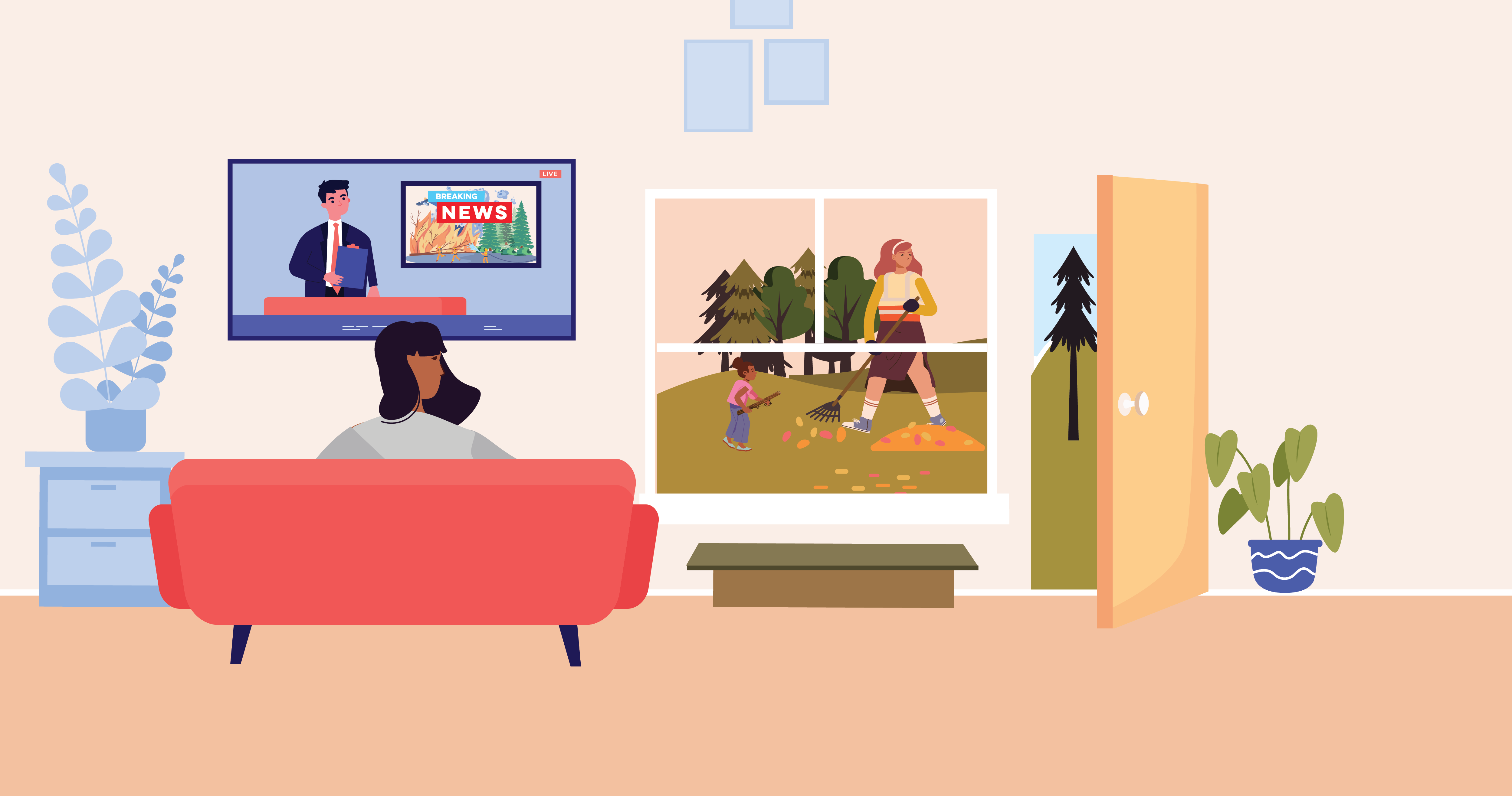 Comic strip style image: woman sitting on couch watching local breaking news coverage of a wildfire on television. Other woman and girl are visible through a window and they are raking leaves and picking up sticks to ready their home for potential wildfire.