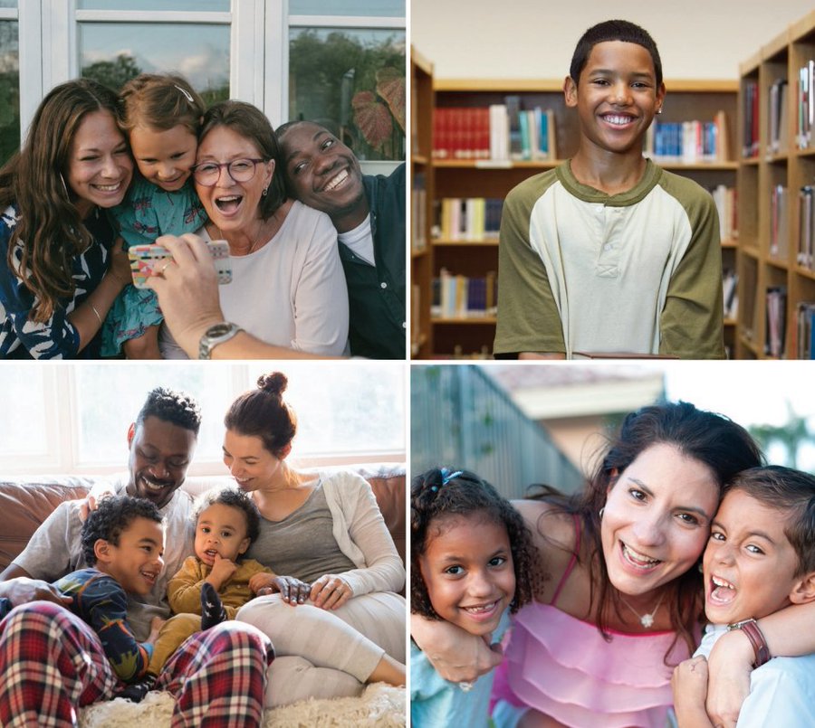 A collage of four photos showing people smiling together.