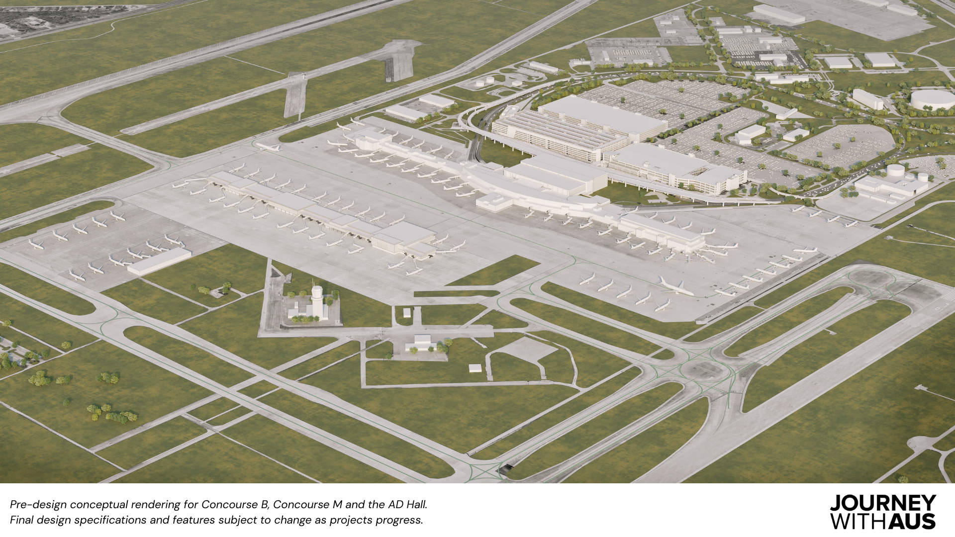 Conceptual aerial rendering of Austin-Bergstrom International Airport showing planned expansions under the Journey With AUS program, including Concourse B, Concourse M, and a new Arrivals and Departures Hall, with aircraft at gates, roadways, parking structures, and surrounding airport infrastructure.