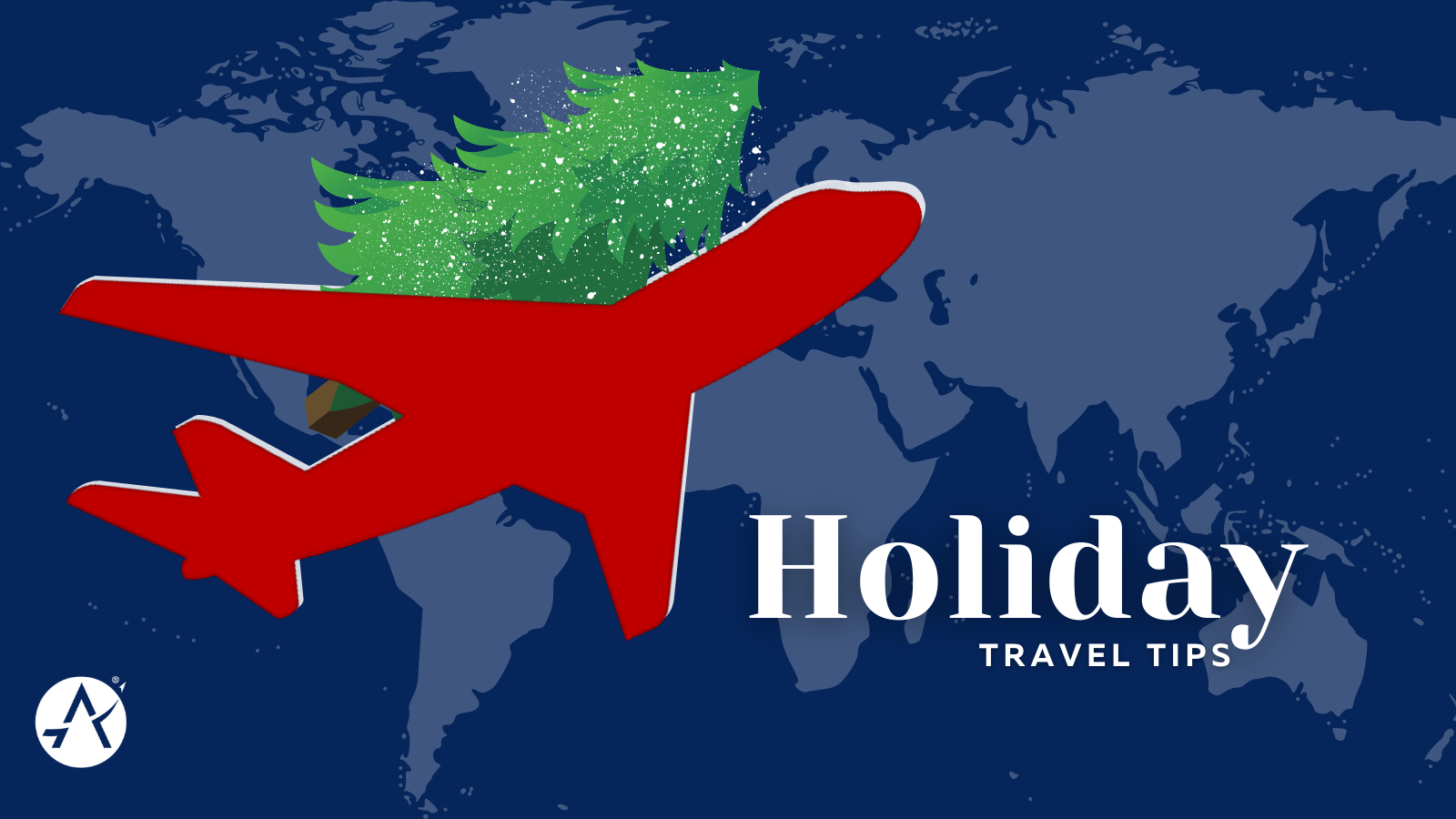 A red airplane with a Christmas tree on it flies above the words "Holiday Travel Tips"
