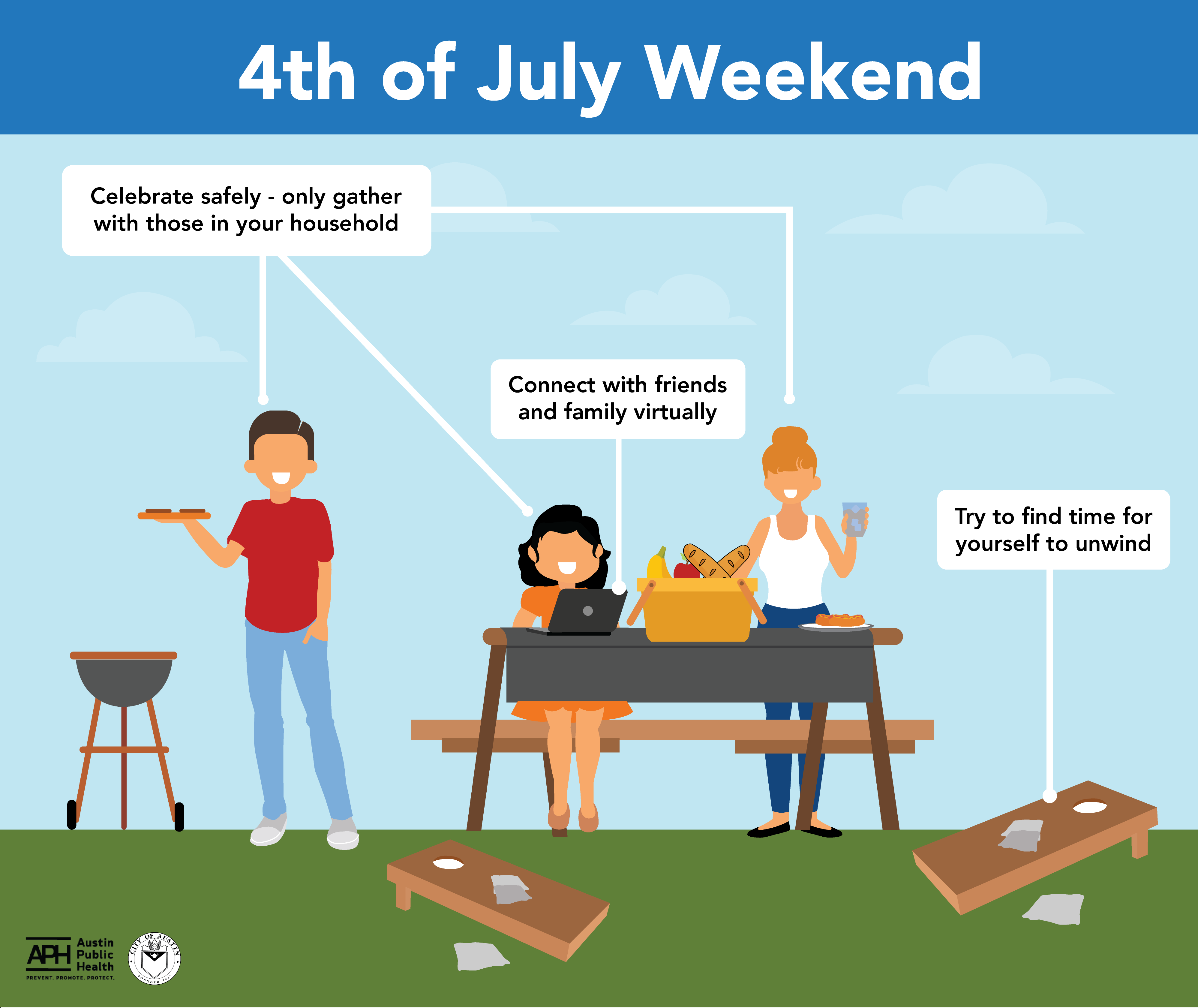 Graphic of family celebrating safely