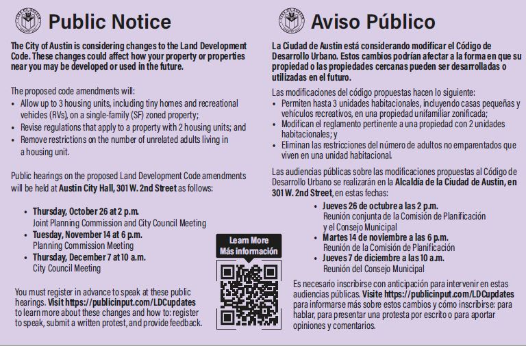 Purple postcard with meeting information on it in Spanish and English