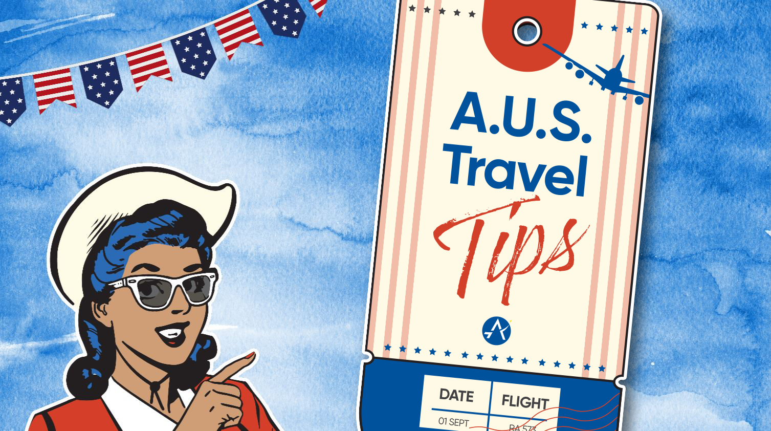 Graphic of AUS mascot Betty Sue pointing to luggage tag that reads: AUS travel tips