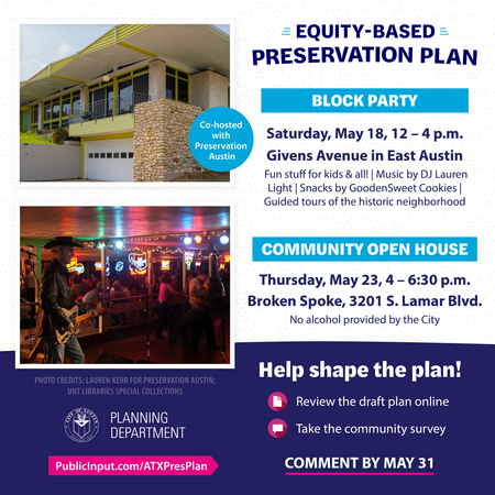 A flyer advertising two public engagement events at which residents can learn about the Equity-Based Preservation Plan