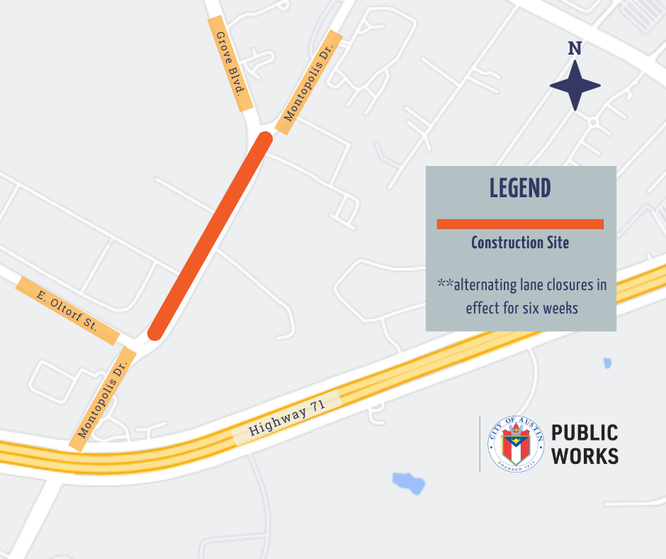 Map of Stassney Ln Closure between Burleson Rd. and Teri Rd.