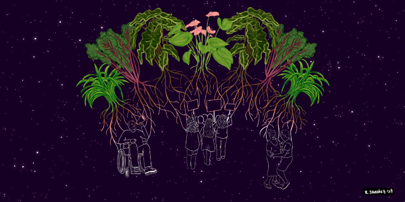 Celestial background with plants and flowers with their roots extending down to a person in a wheelchair with a megaphone, a group of people protesting, and an elderly couple dancing.