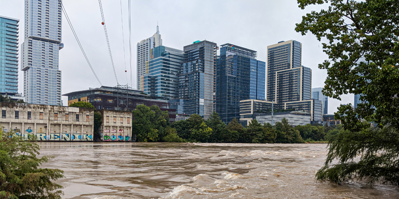 Image of flood waters of Lady Bird Lake near Downtown Austin